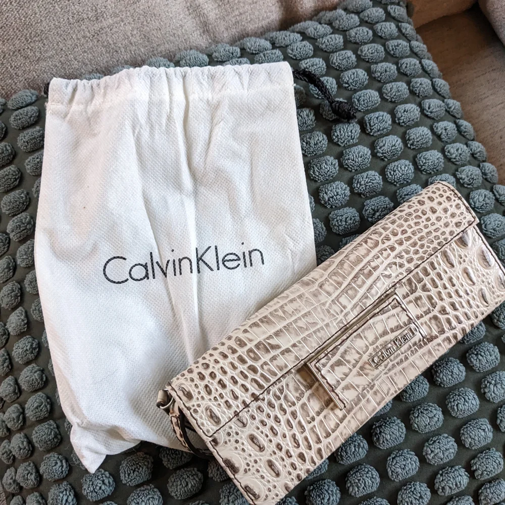 Calvin Klein Cream Croc-Embossed Leather Clutch